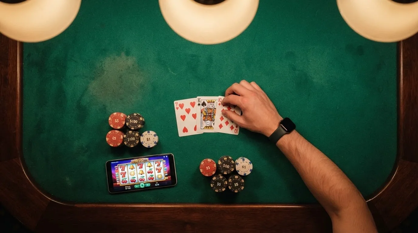 Una vista dall'alto di un tavolo da gioco con carte, fiches e uno smartphone che mostra la classifica dei casino BTG