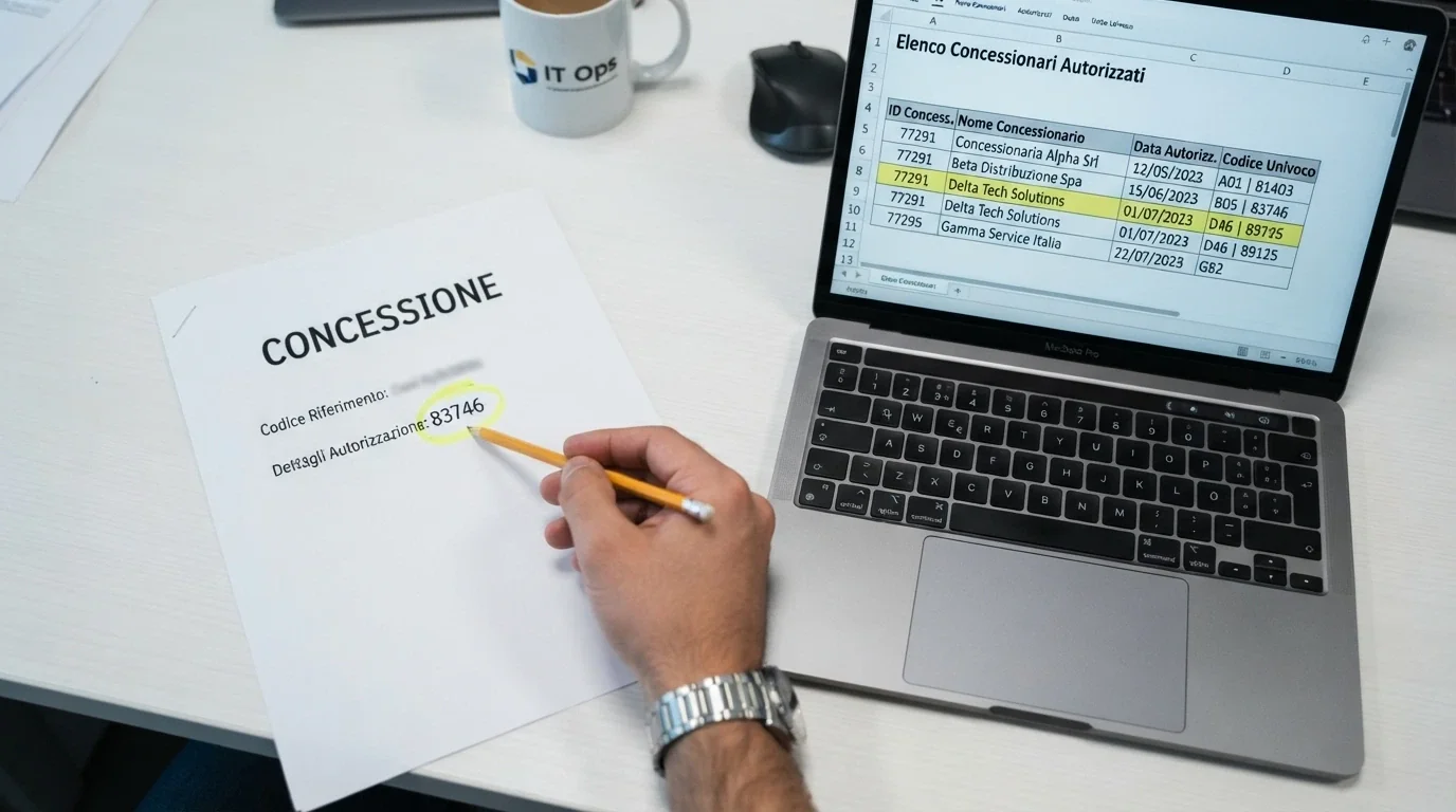 Un documento ufficiale con il codice concessione ADM in evidenza, affiancato dal portale adm.gov.it aperto sulla lista dei concessionari