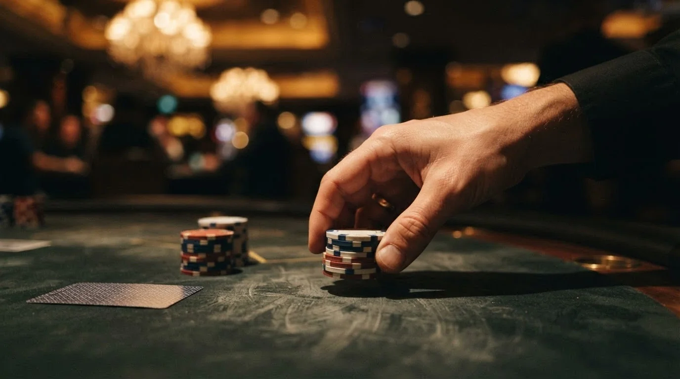 Una mano che ritira delle fiches da un tavolo da gioco, con espressione soddisfatta ma consapevole