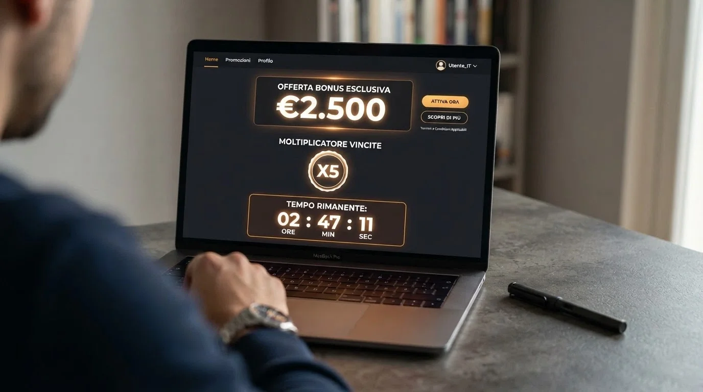 Schermata di un'offerta di bonus con evidenziati il requisito di puntata, la finestra di validità e la distinzione tra parte reale e parte vincolata