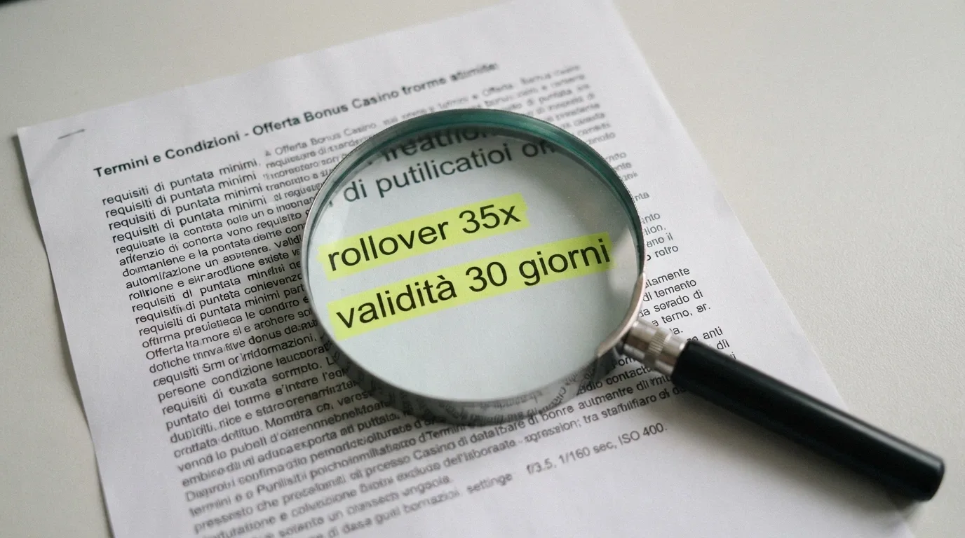 Primo piano di una lente d'ingrandimento posata sulle condizioni di un bonus casinò, con i termini «rollover 35x» e «validità 30 giorni» evidenziati in giallo