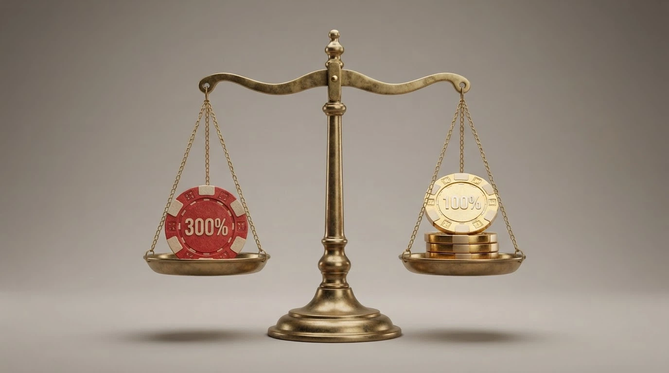 Una bilancia stilizzata: su un piatto «300% — €300 max», sull'altro «100% — €2.000 max», con la bilancia in equilibrio precario.