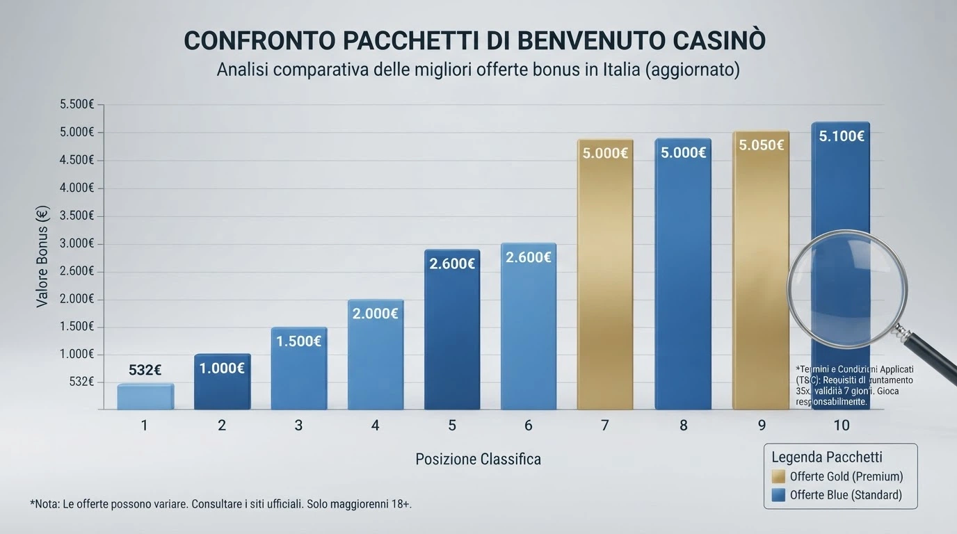 Una fila di dieci casinò virtuali stilizzati con le rispettive cifre di bonus in evidenza e una lente di ingrandimento sulle condizioni in piccolo