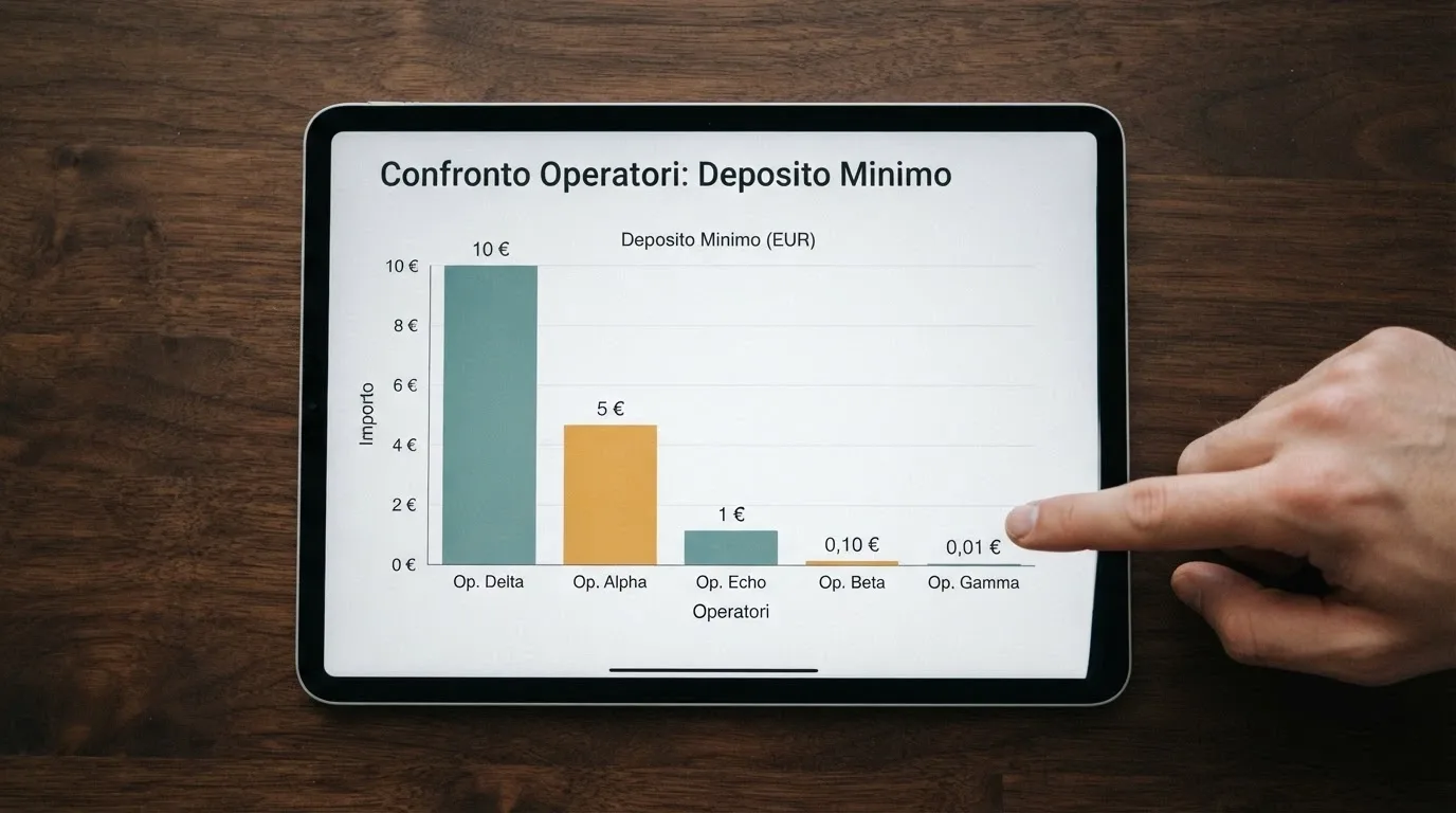 Una tabella comparativa con i loghi dei casinò ADM affiancati alle rispettive soglie di deposito minimo e ai metodi di pagamento