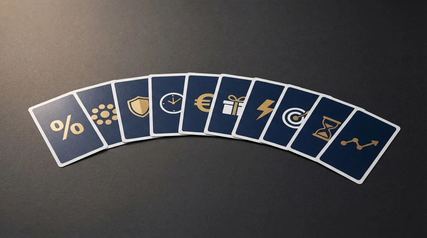 Dieci carte di casinò allineate con simboli di bonus (percentuali, giri gratuiti, icone SPID) in ordine decrescente