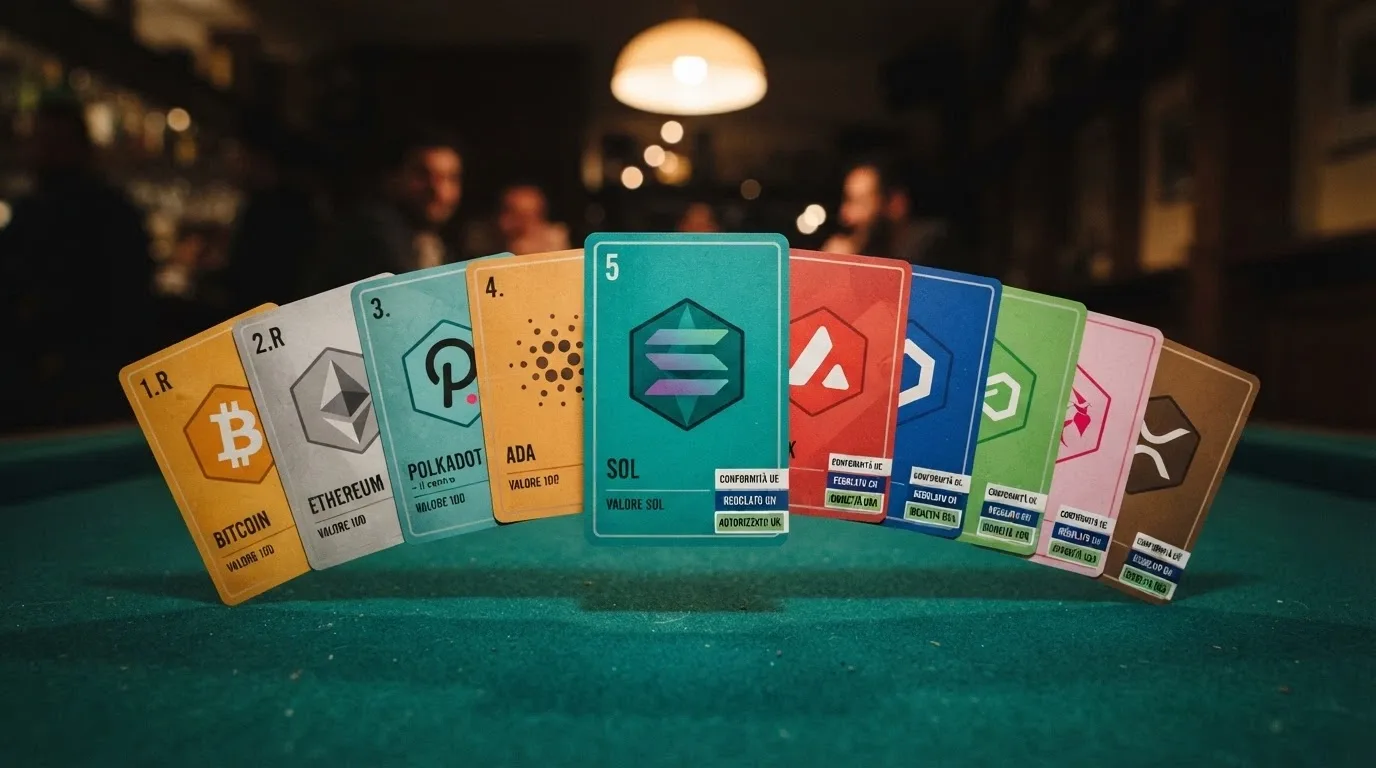 Dieci tessere da gioco disposte a ventaglio, ciascuna con il simbolo di una criptovaluta diversa e una bandiera di licenza (Curaçao, Anjouan, ADM)