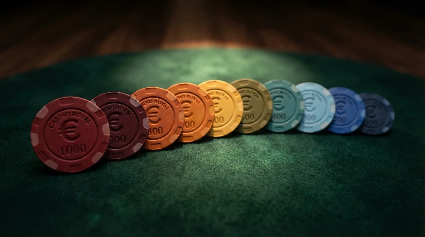 Una fila di dieci pedine da casinò con il simbolo DOGE, disposte in ordine decrescente