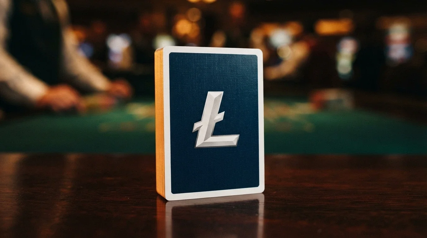 Una griglia di dieci carte da gioco disposte a ventaglio, ciascuna con il logo di una diversa criptovaluta e il simbolo Litecoin in evidenza al centro