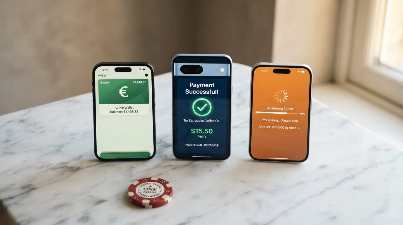 Tre smartphone affiancati con le app di PayPal, Skrill e Neteller aperte sulla schermata di conferma pagamento