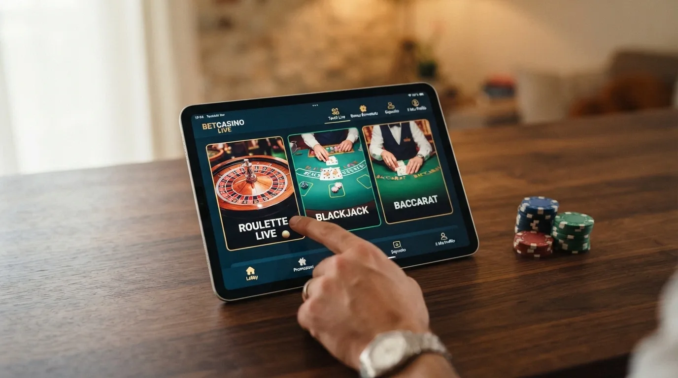 Interfaccia di una lobby casinò live ADM con anteprime dei tavoli roulette, blackjack e baccarat in streaming