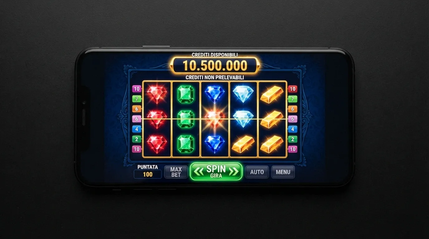 Uno screenshot di una slot machine in modalità demo con il contatore dei crediti virtuali in evidenza e la dicitura «crediti non prelevabili»