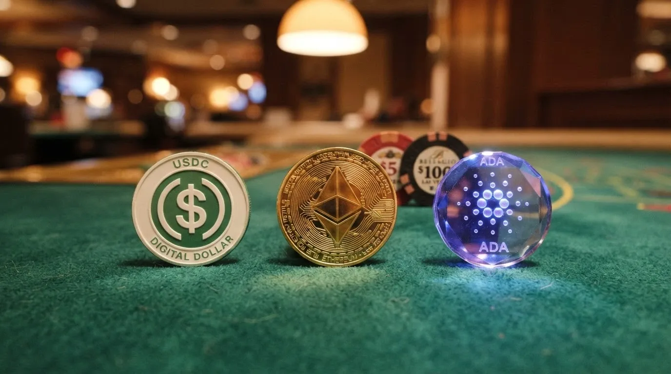Tre monete — USDT, Bitcoin ed Ethereum — su un tavolo da gioco verde