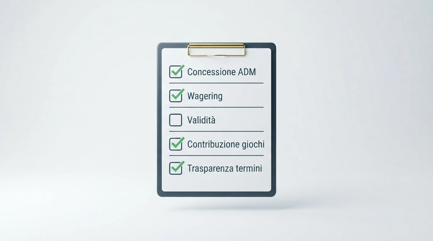 Una checklist stilizzata con i criteri di valutazione: concessione ADM, wagering, validità, contribuzione giochi, trasparenza termini