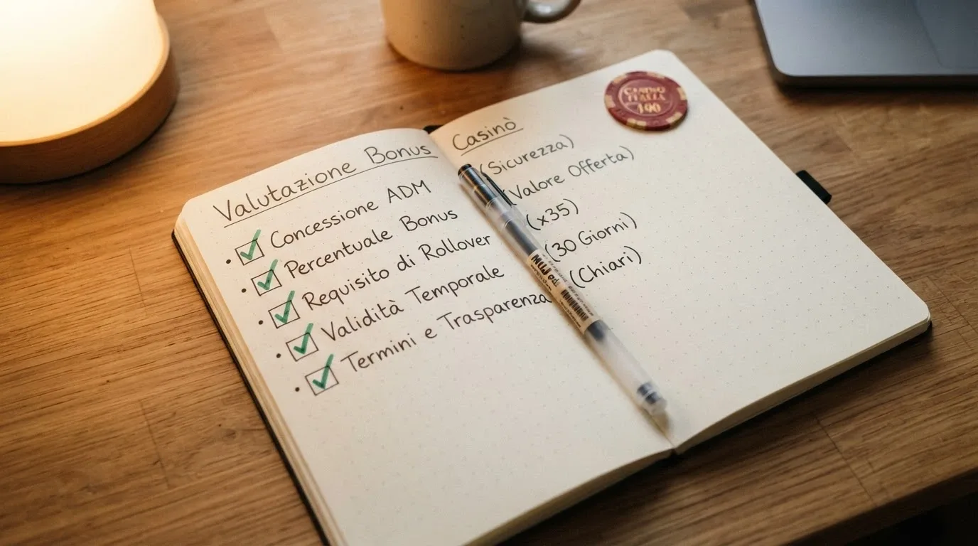 Una lista di controllo su un blocco note: «Concessione ADM», «Percentuale match», «Rollover», «Trasparenza condizioni», con una spunta verde su ogni voce.