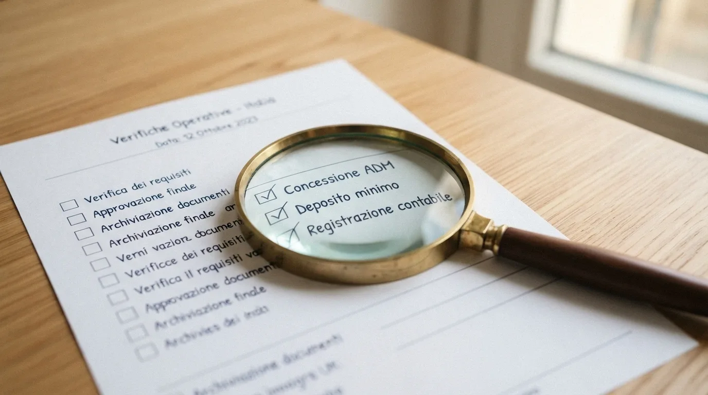 Lente di ingrandimento su una checklist con la spunta accanto alle voci concessione ADM, deposito minimo e condizioni bonus