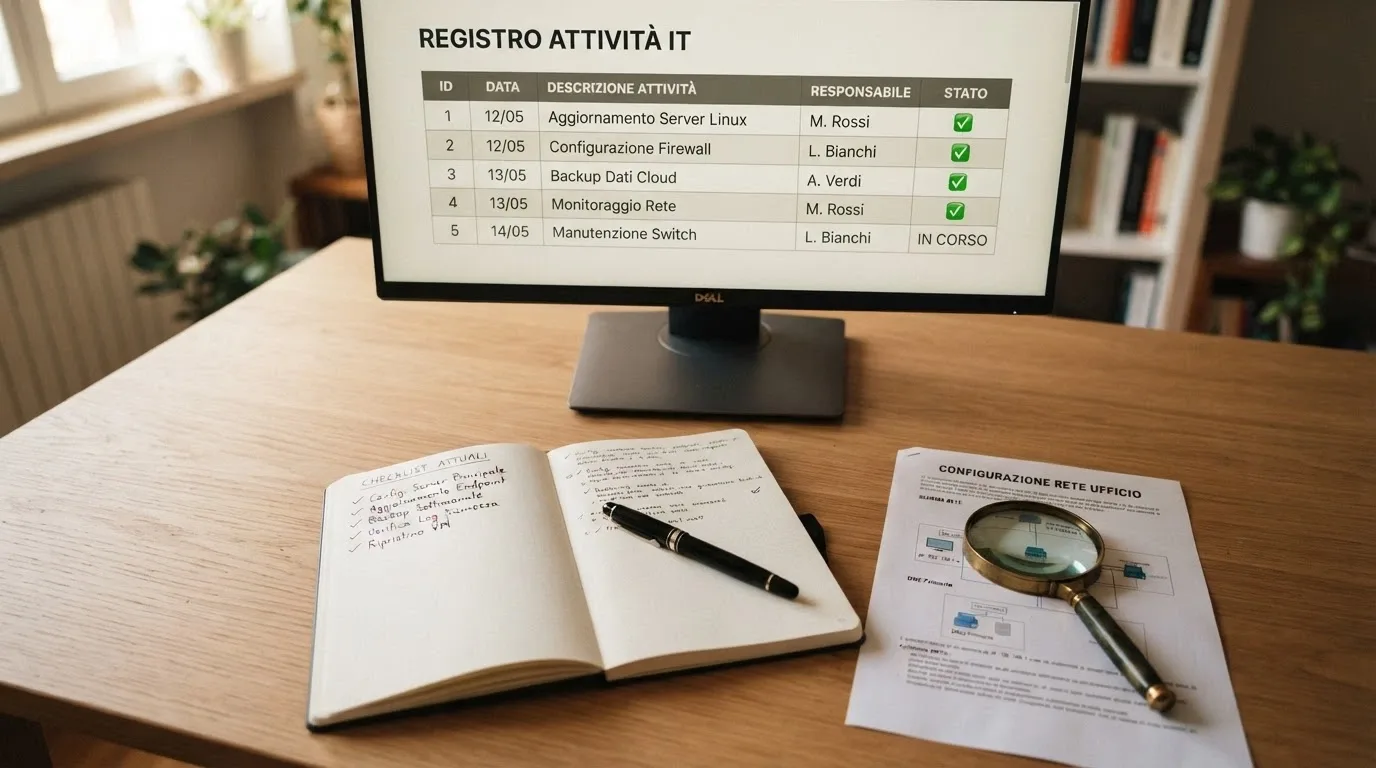 Una scrivania con un monitor che mostra il registro ADM, un blocco note con una checklist di criteri di valutazione e una lente posata su un report di certificazione RNG