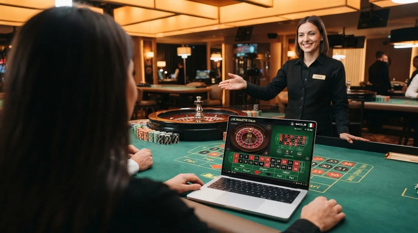 Un tavolo live con interfaccia in lingua italiana, bandiera italiana visibile nell'angolo dello schermo, croupier che saluta
