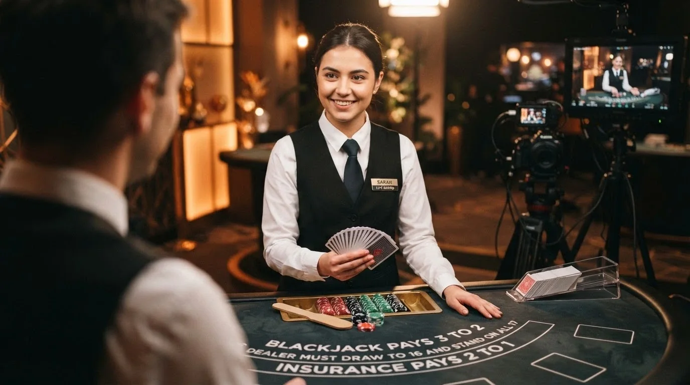 Un croupier sorridente inquadrato a mezzo busto dietro un tavolo da blackjack, con le carte in mano e lo sfondo dello studio
