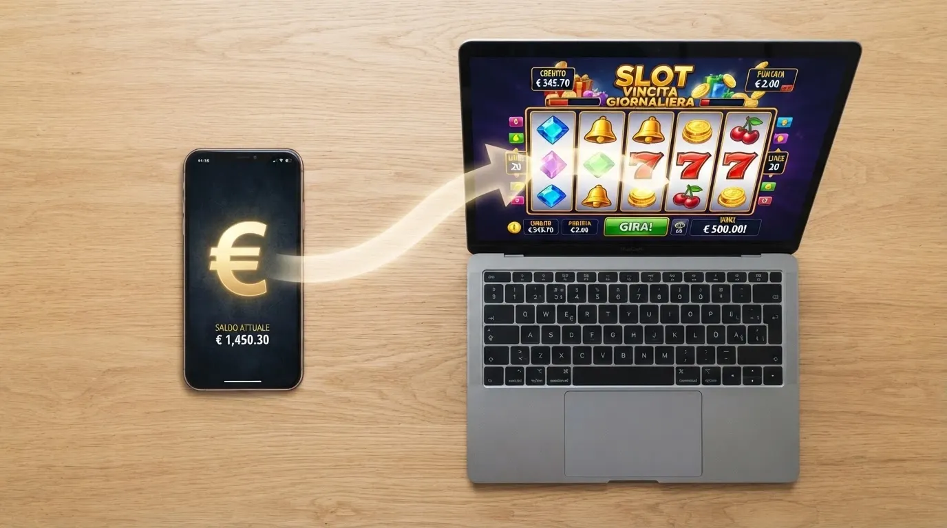 Uno smartphone con un'app wallet aperta accanto allo schermo di un casinò online, frecce bidirezionali tra i due