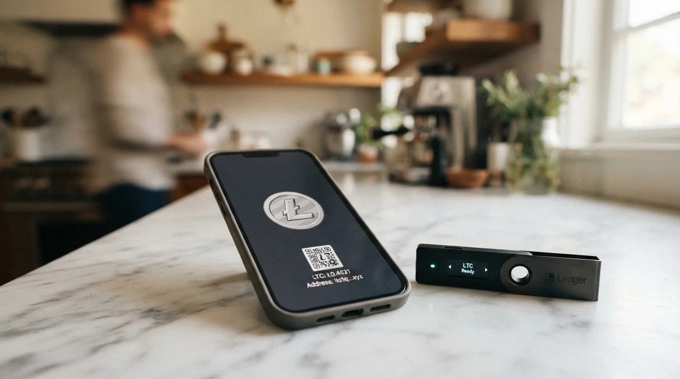 Uno smartphone che mostra un wallet Litecoin con un QR code accanto all'interfaccia di deposito di un casinò, una clessidra digitale a metà