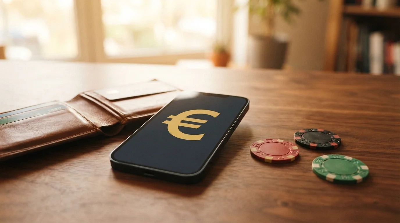 Un portafoglio aperto con una carta di credito accanto allo schermo di un casinò, bilancia sullo sfondo