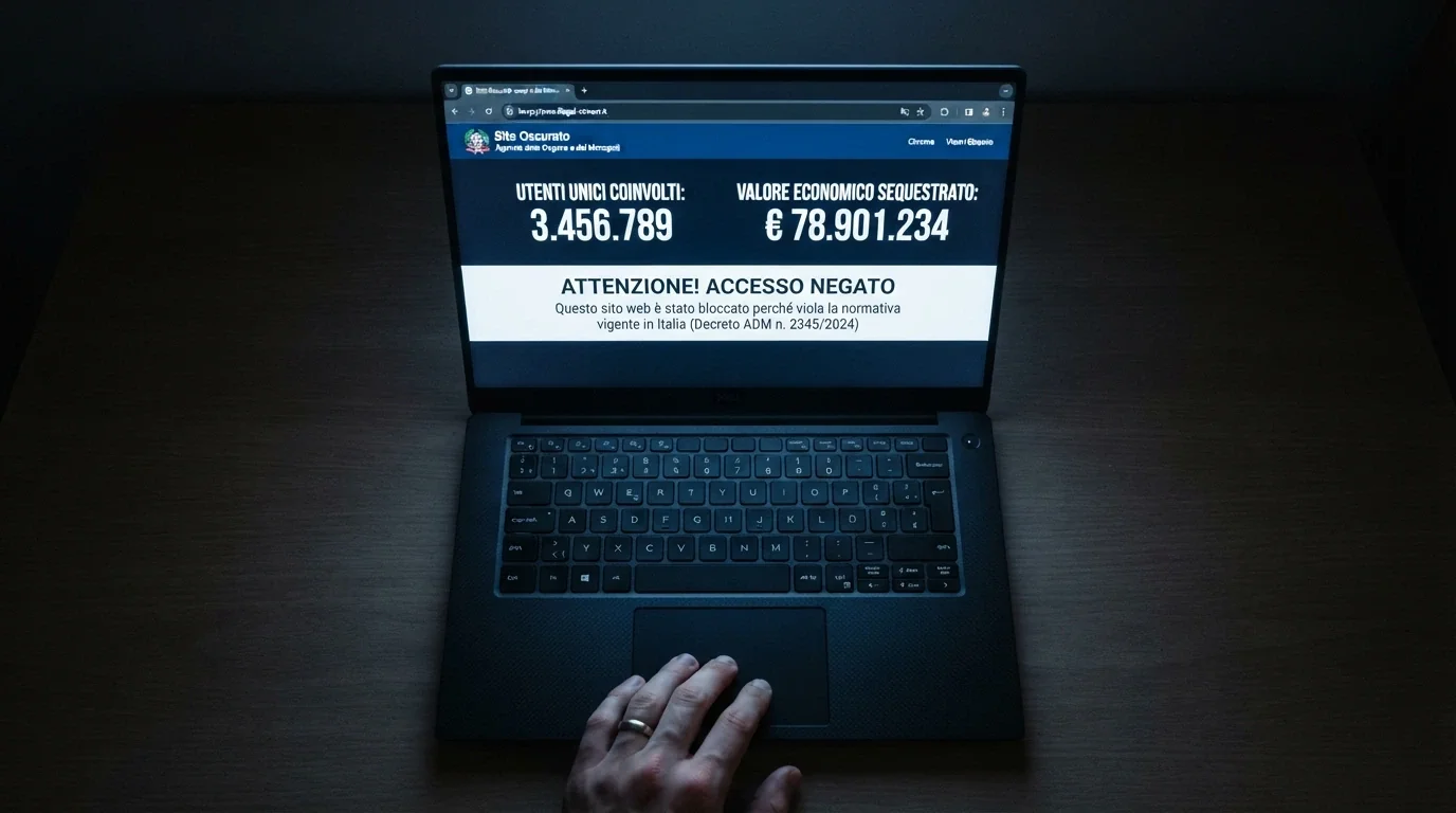Schermata di reindirizzamento ADM con il messaggio di sito inibito e i dati del mercato illegale sovrimpressi: 9,2 milioni di utenti, €1,5 miliardi di raccolta nel semestre