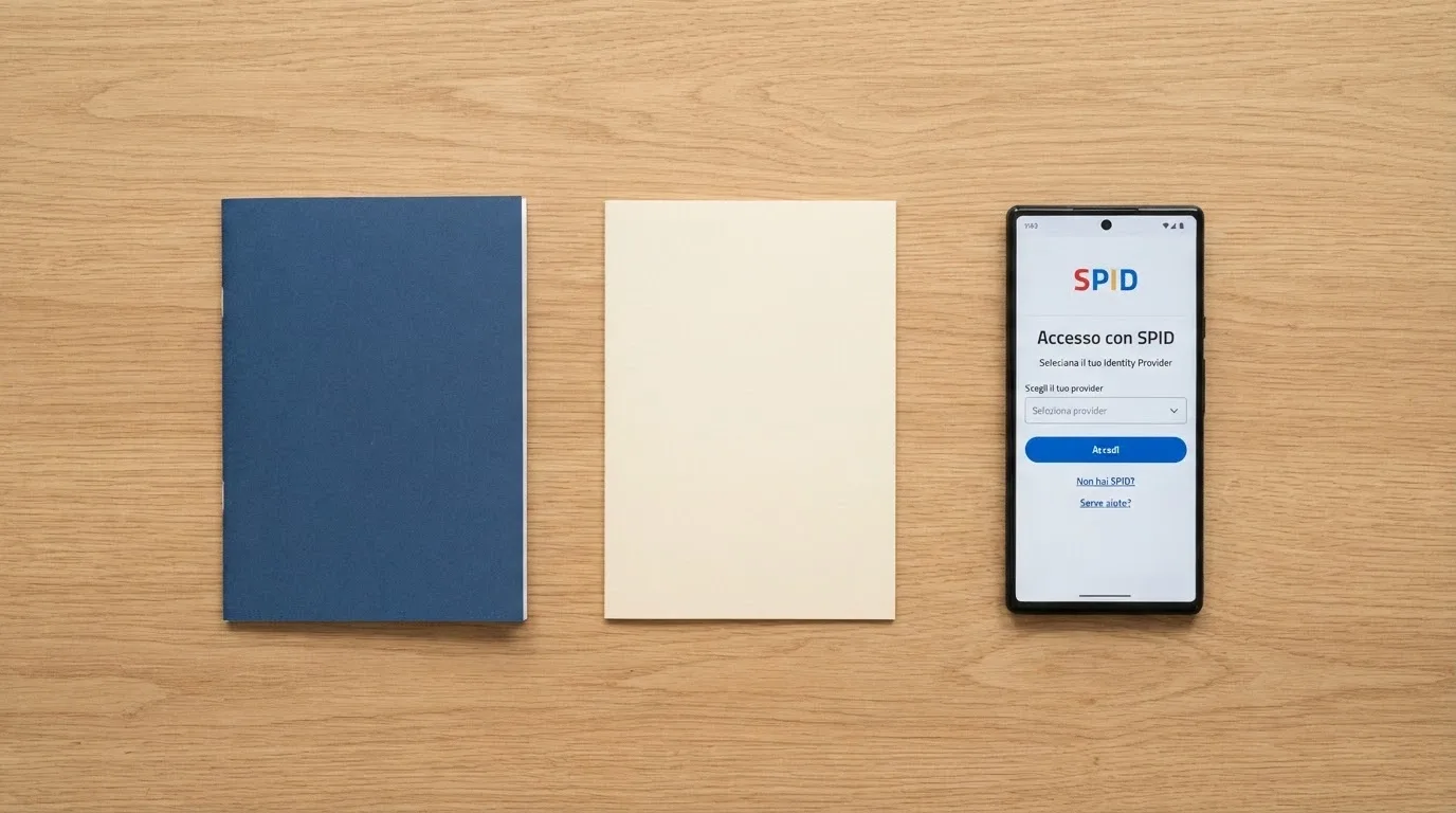 una scrivania ordinata con carta d'identità, codice fiscale italiano e uno smartphone aperto sulla schermata di login SPID
