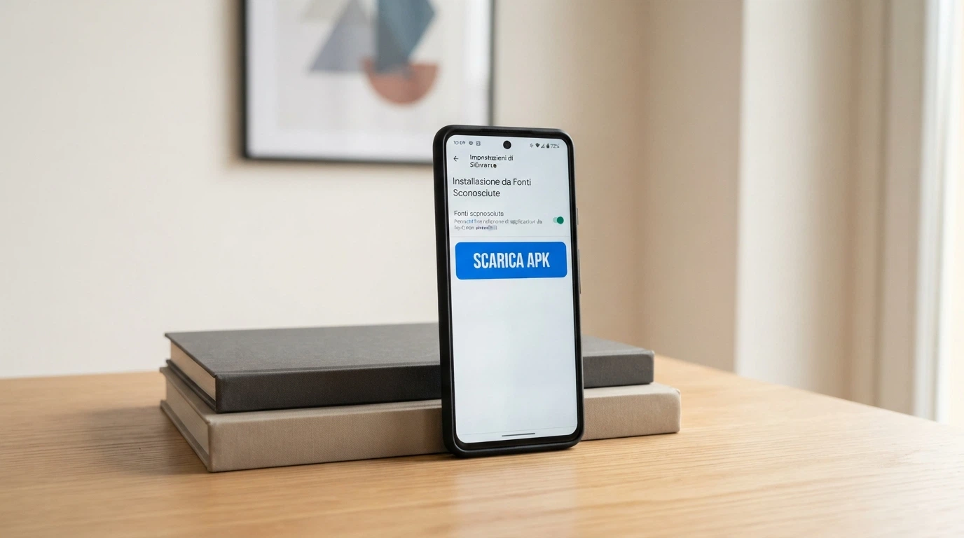 Lo schermo di un telefono Android che mostra le impostazioni «Installa da fonti sconosciute» attivate, accanto al pulsante di download dell'APK dal sito dell'operatore