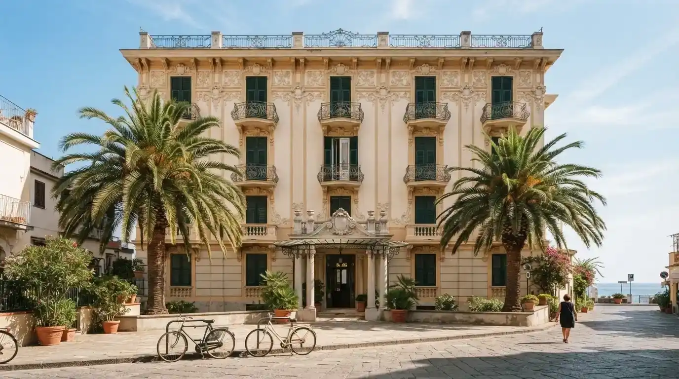 La facciata in stile Liberty Déco del Casinò di Sanremo su Corso Inglesi, con dettagli architettonici dell'epoca