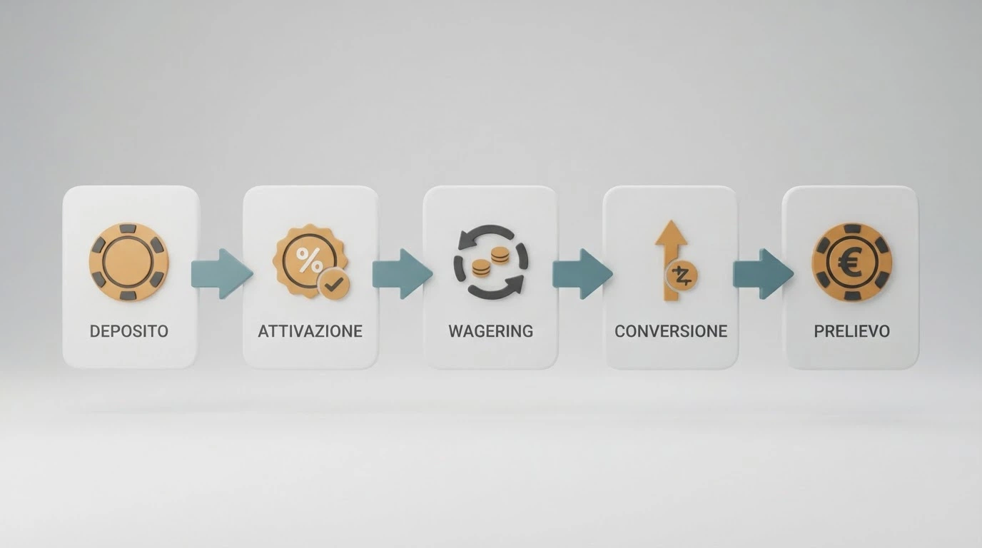 Schema visivo del percorso: deposito → attivazione bonus → wagering → conversione → prelievo, con ogni passaggio collegato da una freccia