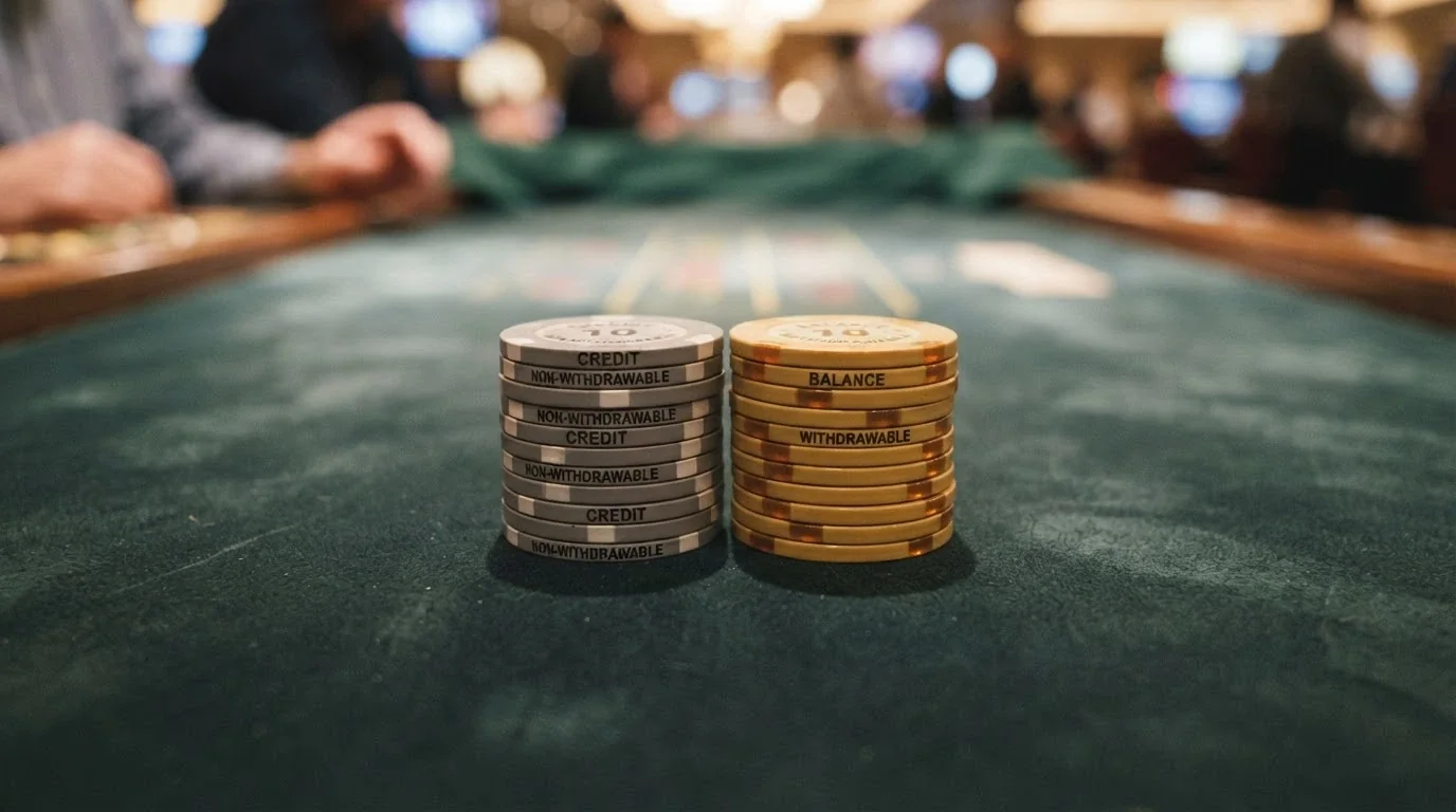 Due pile di fiches da casinò di colore diverso, una grigia (Fun Bonus, non prelevabile) e una dorata (Real Bonus, prelevabile dopo wagering)