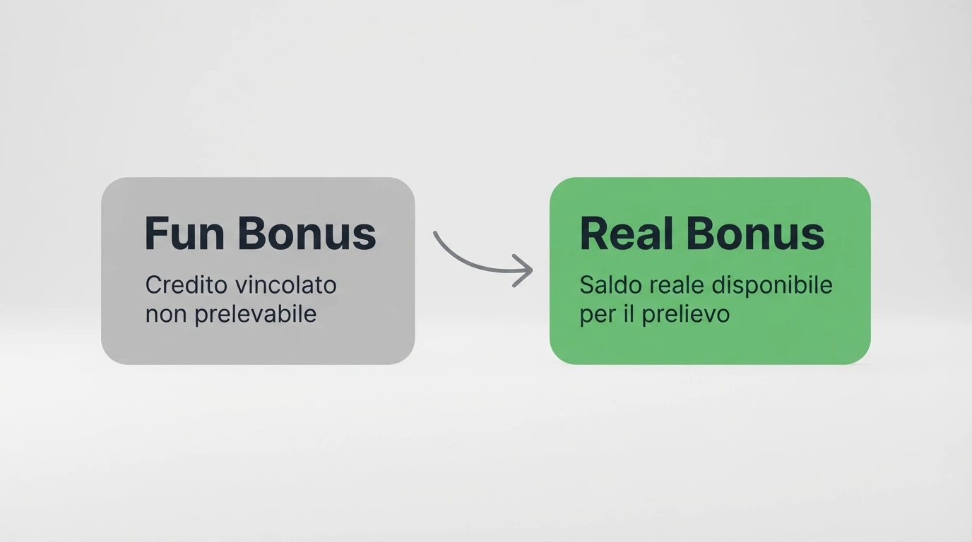 Un'interfaccia di conto gioco di un casinò ADM con due riquadri affiancati: «credito di gioco» (Fun Bonus, in grigio) e «saldo disponibile» (Real Bonus, in verde), con una freccia che indica la conversione