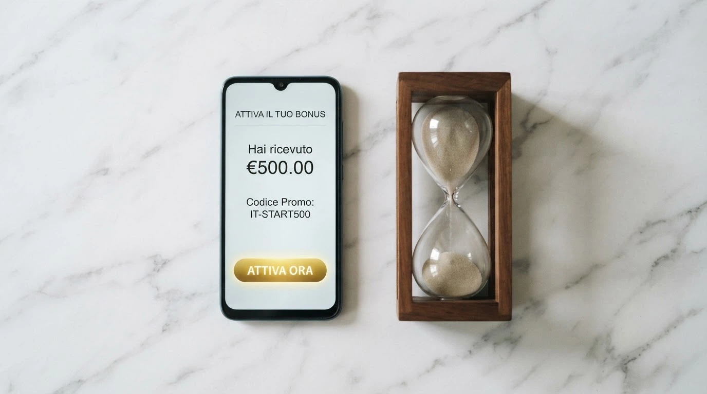 Un telefono con la schermata di attivazione di un Fun Bonus, accanto a una clessidra che rappresenta il tempo necessario a soddisfare il wagering