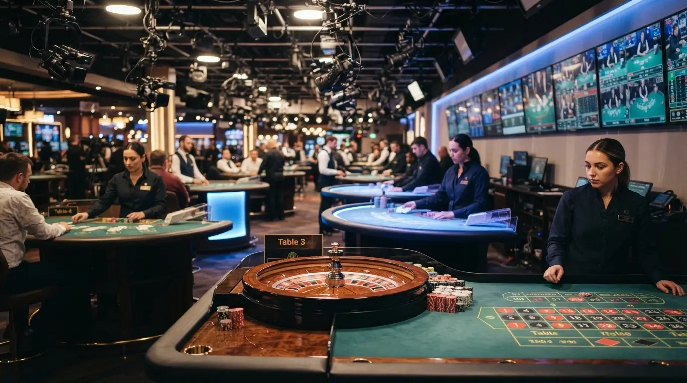 Studio di casinò live con tavoli multipli attivi: primo piano roulette, sullo sfondo blackjack e baccarat, dealer in divisa e telecamere HD