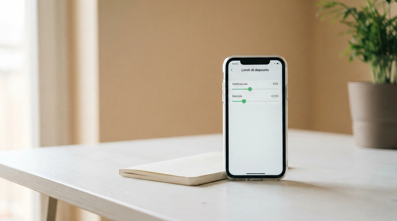 La schermata delle impostazioni di un'app di casinò ADM che mostra la sezione «Limiti di deposito» con un selettore settimanale e mensile