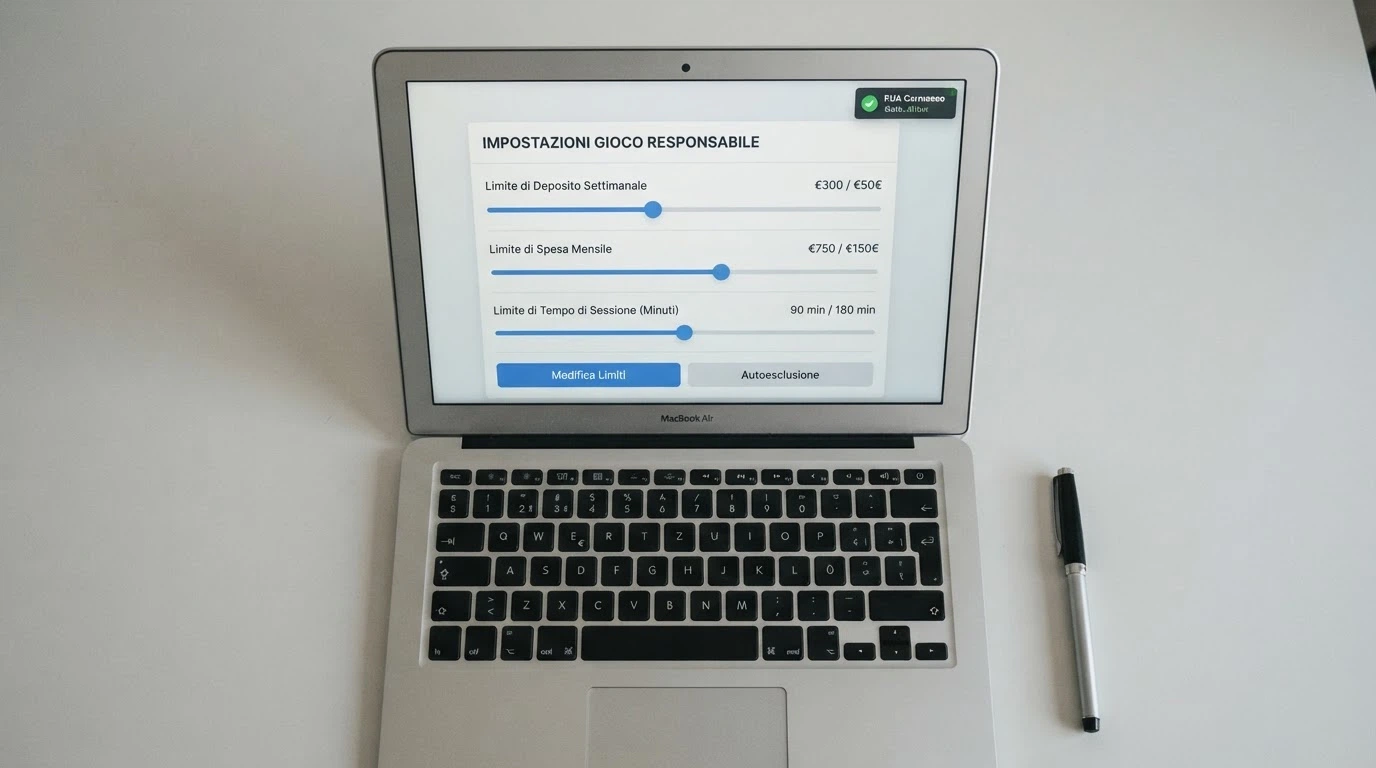 La schermata delle impostazioni di un conto gioco ADM con i selettori per limite di deposito settimanale, limite di spesa e tempo di sessione, e il collegamento al RUA