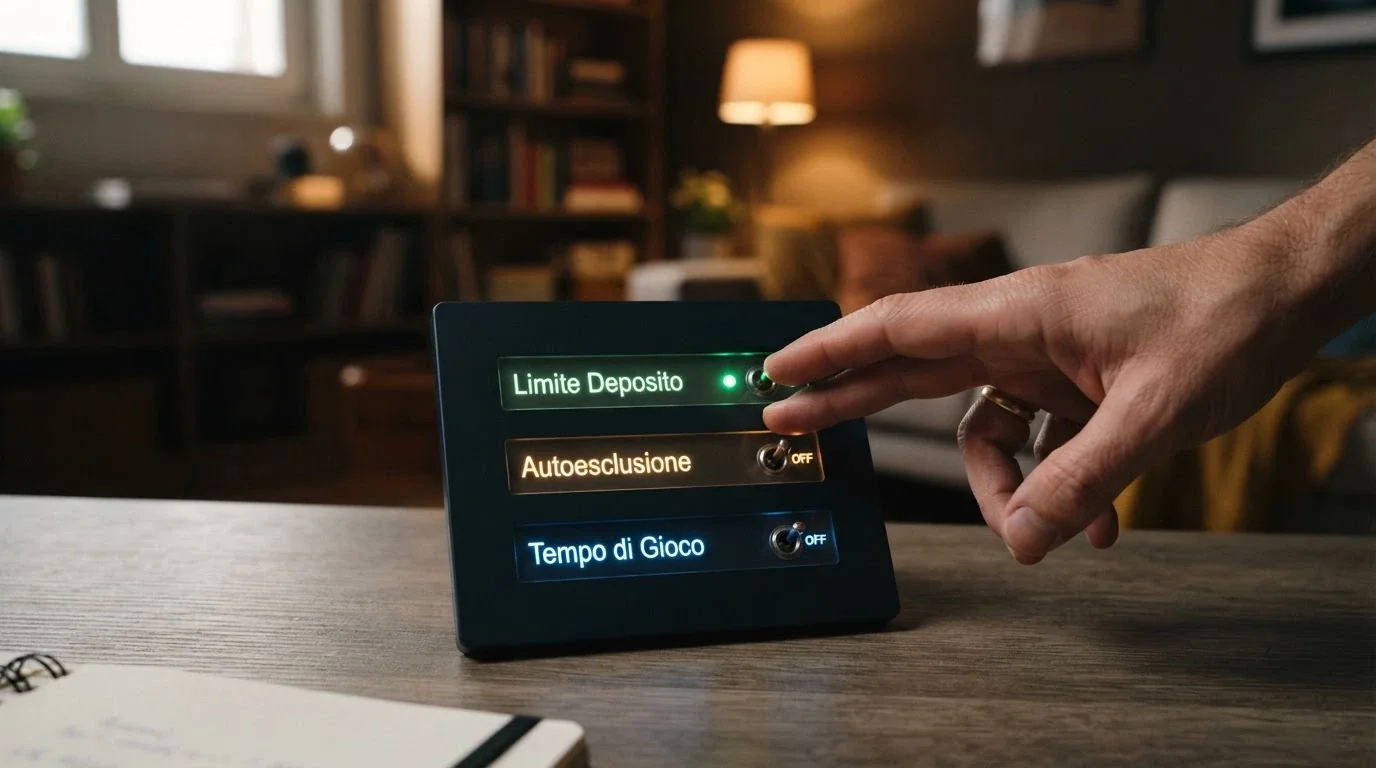 Una mano che attiva un interruttore su un pannello di controllo digitale, con le opzioni «Limite Deposito», «Autoesclusione» e «Tempo di Gioco» illuminate in verde