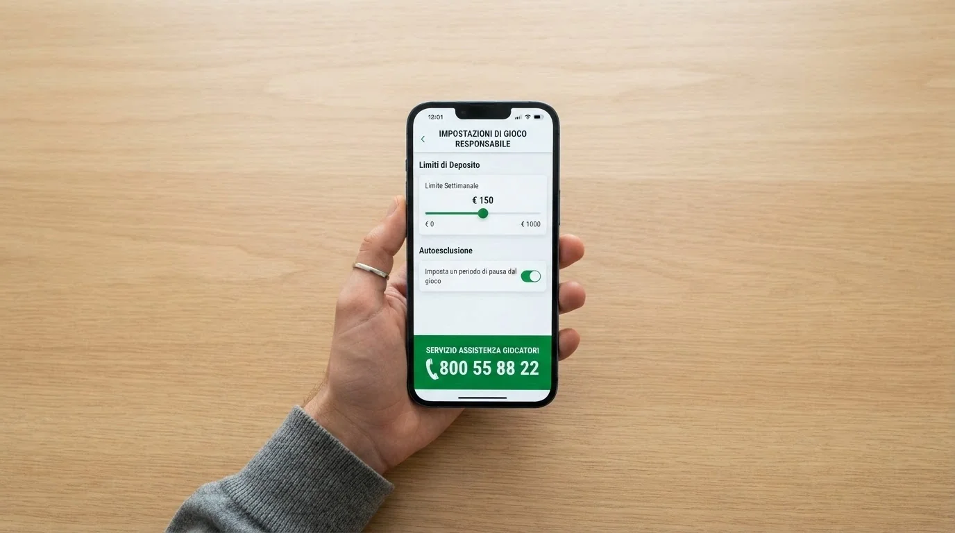 Un'interfaccia con i controlli di limite di deposito, un interruttore per l'autoesclusione e il Numero Verde 800 55 88 22 in evidenza