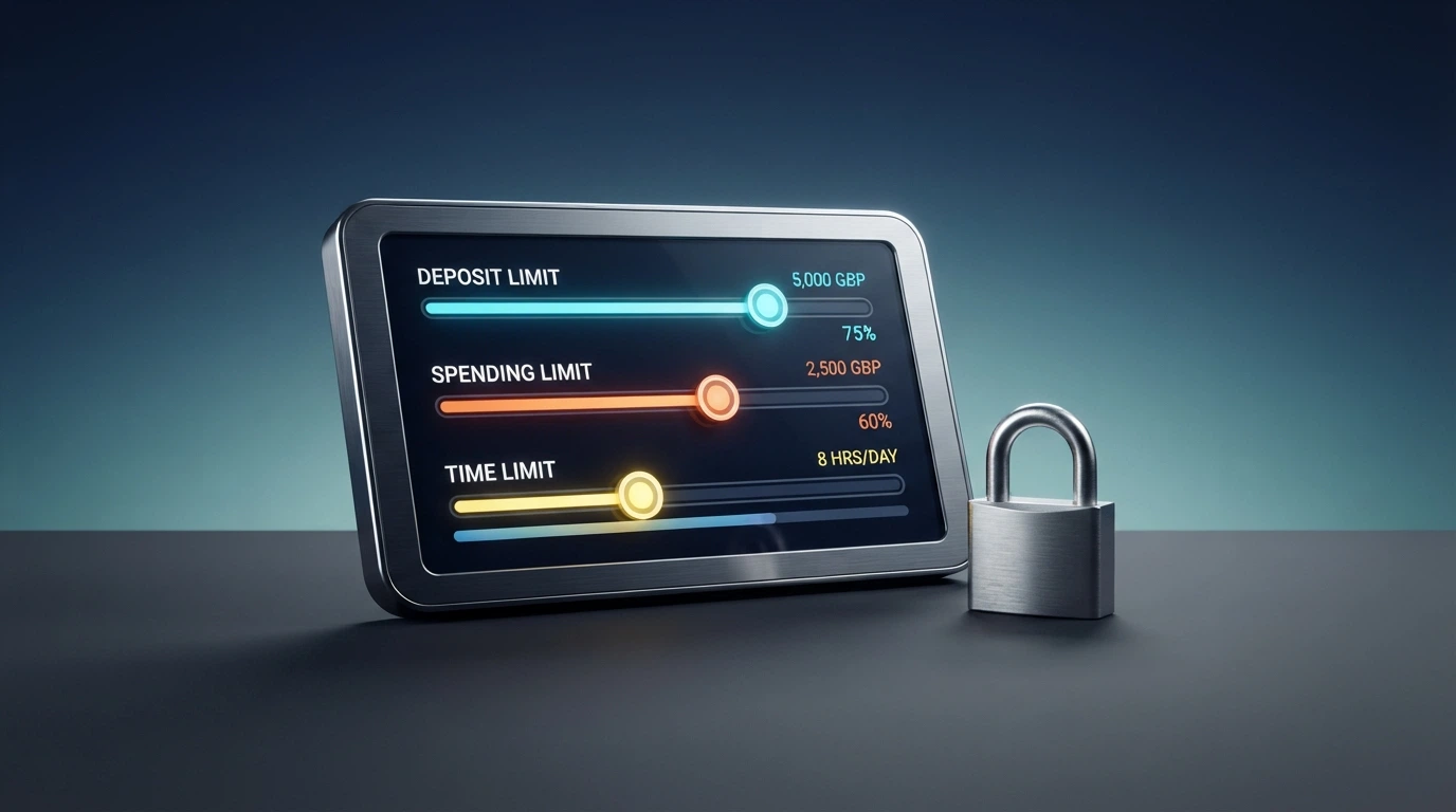 Un pannello di controllo digitale con cursori per limite di deposito, tempo e spesa, affiancato a un lucchetto
