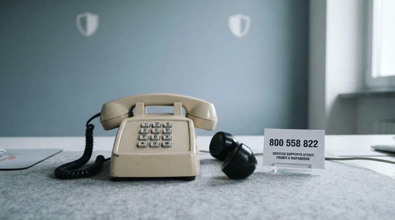 Un telefono con la cornetta alzata e il numero verde 800 558 822 in evidenza, su uno sfondo con i loghi di TVNGA e ISS stilizzati