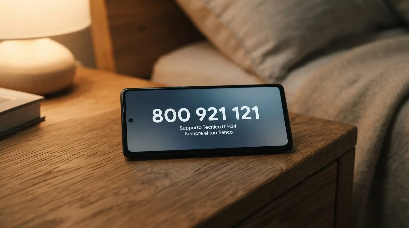 Un telefono con la cornetta sollevata accanto al numero 800 921 121 e al logo del servizio nazionale, su sfondo rassicurante