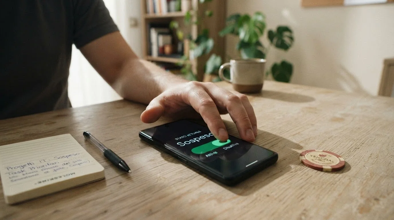 Una mano che attiva l'interruttore «autoesclusione» sullo schermo di un telefono, accanto al logo ADM