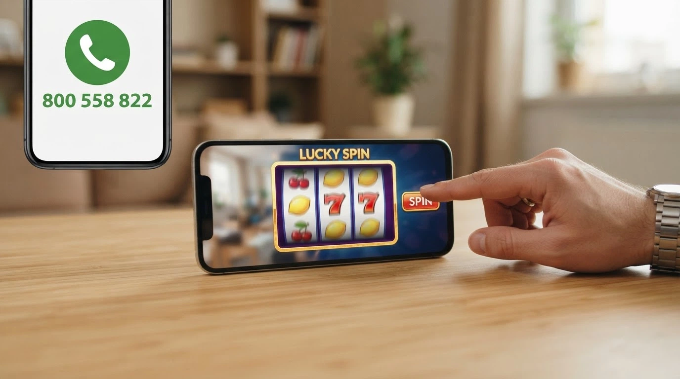 Una mano che allontana uno schermo con le slot, accanto a un telefono con il numero verde 800 558 822 ben visibile