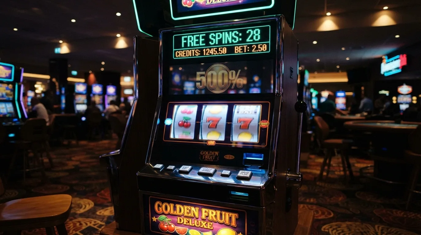 Una slot machine luminosa con il contatore dei free spins in primo piano e il simbolo «+500%» sullo sfondo
