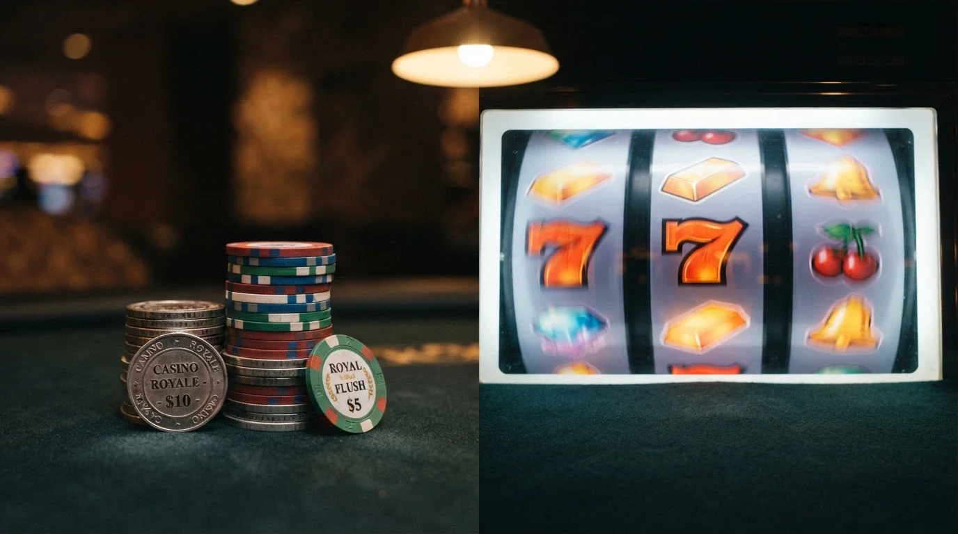 Due colonne affiancate: a sinistra una pila di monete da 0,10€, a destra il rullo di una slot machine in movimento