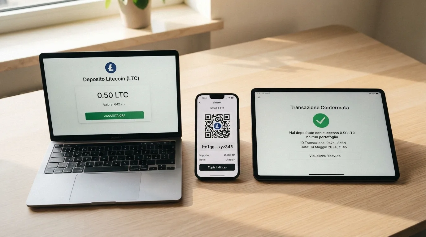 Tre pannelli affiancati: acquisto LTC su exchange, invio all'indirizzo del casinò, schermata di conferma con spunta verde