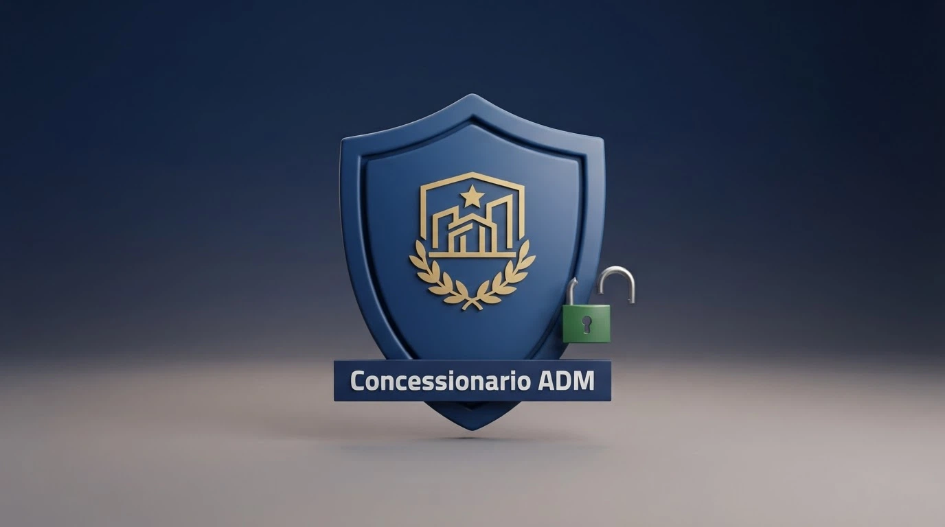 Il logo ufficiale dell'Agenzia delle Dogane e dei Monopoli stilizzato su uno scudo blu, affiancato dalla dicitura «Concessionario ADM» e da un lucchetto verde aperto