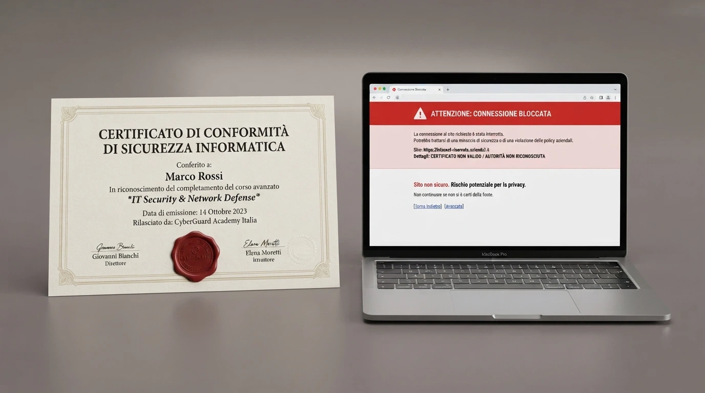 Un documento ufficiale con sigillo accanto allo schermo di un computer che mostra un messaggio di blocco DNS