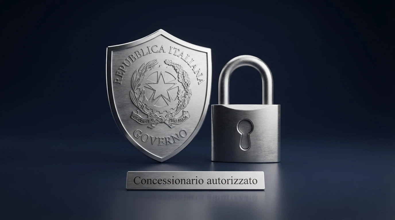 Il logo dell'Agenzia delle Dogane e dei Monopoli accanto al simbolo del lucchetto di sicurezza, con la dicitura «Concessionario autorizzato al gioco a distanza» in evidenza