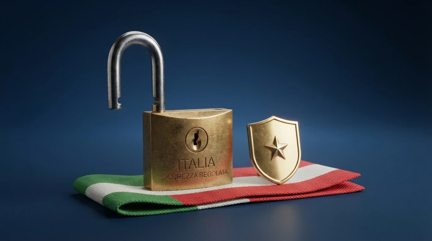 Il logo ufficiale dell'ADM accanto a un lucchetto aperto e la bandiera italiana, su sfondo istituzionale blu